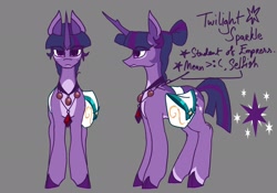 Size: 2048x1431 | Tagged: safe, artist:whimday, twilight sparkle, pony, unicorn, g4, alternate design, bag, female, gray background, jewelry, mare, necklace, reference sheet, saddle bag, simple background, solo, unicorn twilight