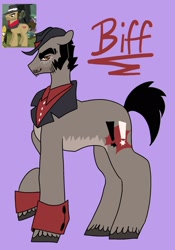 Size: 1431x2048 | Tagged: safe, artist:whimday, biff, earth pony, pony, g4, alternate design, cuffs (clothes), facial hair, hat, henchmen, male, screencap reference, shirtless shirt collar, sideburns, solo, stallion