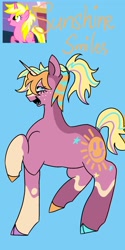 Size: 1026x2048 | Tagged: safe, artist:whimday, sunshine smiles, pony, unicorn, g4, alternate design, cloven hooves, female, freckles, horn, mare, screencap reference, solo