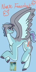 Size: 1026x2048 | Tagged: safe, artist:whimday, doctor high fever, pegasus, pony, g4, alternate design, alternate name, anatomically incorrect, hat, incorrect leg anatomy, male, nurse hat, solo, spread wings, stallion, unshorn fetlocks, wings