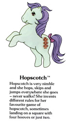 Size: 550x1000 | Tagged: safe, hopscotch, earth pony, pony, g1, my little pony fact file, official, bow, cute, female, g1 backstory, hooves, hopscawwtch, mare, open mouth, open smile, rearing, smiling, solo, tail, tail bow, text