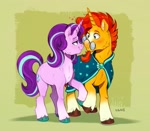 Size: 2587x2255 | Tagged: safe, artist:birdoffnorth, starlight glimmer, sunburst, pony, unicorn, g4, blaze (coat marking), blushing, cloak, clothes, coat markings, facial hair, facial markings, female, floating heart, glasses, goatee, heart, holding hooves, horn, loving gaze, male, mare, pale belly, robe, ship:starburst, shipping, socks (coat markings), stallion, straight, sunburst's cloak, sunburst's glasses, unshorn fetlocks