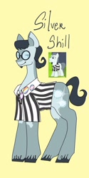 Size: 1026x2048 | Tagged: safe, artist:whimday, silver shill, earth pony, pony, g4, alternate design, clothes, facial hair, glasses, goatee, male, pride, pride flag, screencap reference, shirt, solo, stallion, transgender pride flag