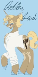 Size: 1026x2048 | Tagged: safe, artist:whimday, golden gavel, vance van vendington, pony, unicorn, g4, alternate design, anatomically incorrect, chest fluff, clothes, horn, incorrect leg anatomy, male, shirt, solo, stallion