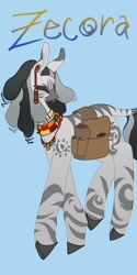 Size: 1026x2048 | Tagged: safe, artist:whimday, zecora, zebra, g4, alternate design, bag, ear piercing, earring, female, jewelry, necklace, piercing, saddle bag, solo