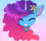 Size: 1404x1240 | Tagged: safe, artist:airiniblock, misty brightdawn, pony, unicorn, g5, my little pony: make your mark, my little pony: make your mark chapter 5, chair, collar, cute, ear fluff, eyes closed, female, flower, flower in hair, freckles, horn, icon, mare, mistybetes, rebirth misty, sash, smiling, solo focus