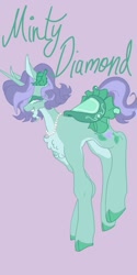 Size: 513x1024 | Tagged: safe, artist:whimday, oc, oc only, oc:minty diamond, pony, unicorn, chest fluff, facial hair, female, goatee, horn, jewelry, mare, necklace, saddle, tack