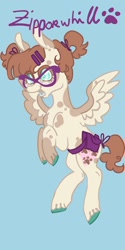 Size: 1026x2048 | Tagged: safe, artist:whimday, zippoorwhill, pegasus, pony, g4, alternate design, bag, belt, female, flying, glasses, hairclip, solo, spread wings, wings