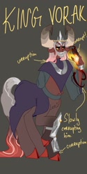 Size: 1026x2048 | Tagged: safe, artist:whimday, king vorak, centaur, taur, g4, anatomically incorrect, beard, clothes, cloven hooves, corrupted, facial hair, incorrect leg anatomy, jewelry, magic, male, peytral, regalia, solo