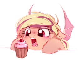 Size: 1200x967 | Tagged: safe, artist:melodylibris, oc, oc only, bat pony, pony, bat pony oc, blushing, cherry, cherry on top, cupcake, cute, eyebrows, eyebrows visible through hair, female, food, imminent nom, looking at something, mare, ocbetes, open mouth, simple background, solo, white background