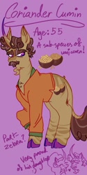 Size: 1026x2048 | Tagged: safe, artist:whimday, coriander cumin, saffron masala, pony, unicorn, g4, alternate design, anatomically incorrect, beard, clothes, cloven hooves, curved horn, facial hair, female, goatee, horn, incorrect leg anatomy, leonine tail, male, mare, shirt, solo focus, stallion, tail