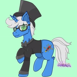 Size: 2048x2048 | Tagged: safe, oc, oc only, oc:starstruck expanse, pony, unicorn, blue coat, clothes, cutie mark, digital art, glasses, green eyes, horn, rocket, smiling, suit, white mane