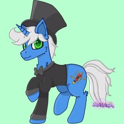 Size: 2048x2048 | Tagged: safe, oc, oc only, oc:starstruck expanse, pony, unicorn, blue coat, clothes, cutie mark, digital art, green eyes, horn, rocket, smiling, suit, white mane