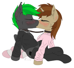 Size: 6314x5798 | Tagged: safe, artist:al solae, oc, oc only, oc:bytewave, oc:caramel sweet, pegasus, unicorn, blushing, cheek fluff, clothes, collar, duo, duo male, ear blush, ear fluff, eyes closed, gay, hoodie, horn, kissing, leash, male, pegasus oc, simple background, socks, stallion, transparent background, unicorn oc