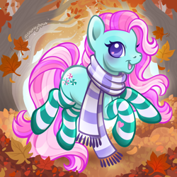 Size: 2400x2400 | Tagged: safe, artist:sparkytopia, minty, earth pony, pony, g3, autumn, blushing, clothes, female, leaves, looking at you, mare, open mouth, open smile, outdoors, pink mane, purple eyes, scarf, signature, smiling, socks, solo, striped scarf, striped socks, teal coat, ych example, your character here