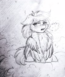 Size: 2330x2741 | Tagged: safe, artist:jehr, rainbow dash, pegasus, pony, g4, black and white, chest fluff, cloud, cold, ear fluff, ears back, eyelashes, female, fluffy, grayscale, looking at you, mare, monochrome, on a cloud, open mouth, paper, pencil drawing, sitting, sitting on a cloud, solo, sparkles, teeth, traditional art, wings, winter