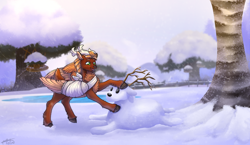 Size: 1280x741 | Tagged: safe, artist:malinraf1615, oc, oc:leafy skies, deer, deer pony, original species, peryton, bandage, snow, snowdeer, solo, tree