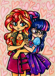 Size: 1340x1838 | Tagged: safe, artist:dariarchangel, sci-twi, sunset shimmer, twilight sparkle, human, equestria girls, g4, adorable face, arm in arm, bangs, bare shoulders, black eyeshadow, black lipstick, bow, choker, clothes, couple, cute, cute face, cute smile, cutie mark on clothes, daaaaaaaaaaaw, doodle, duo, duo female, ear piercing, earring, eyeshadow, female, geode of empathy, glasses, heart, high ponytail, hnnng, hug, human coloration, in love, jewelry, lesbian, lipstick, long hair, looking at each other, looking at someone, looking down, loving gaze, magical geodes, makeup, multicolored hair, necklace, piercing, pocket, pretty, puffy sleeves, sci-twiabetes, shimmerbetes, ship:sci-twishimmer, ship:sunsetsparkle, shipping, shirt, shy, shy smile, skirt, smiling, smiling at each other, spikes, sunset shimmer's skirt, sweet dreams fuel, traditional art, twiabetes, two toned hair, weapons-grade cute