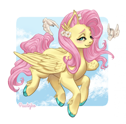 Size: 1934x1905 | Tagged: safe, artist:pawtejko, fluttershy, bird, dove, pegasus, pony, g4, blushing, cloud, colored hooves, female, flower, flower in hair, flying, hock fluff, hooves, lidded eyes, looking at you, mare, passepartout, signature, sky, sky background, smiling, smiling at you, solo