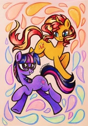 Size: 2164x3112 | Tagged: safe, artist:dariarchangel, sci-twi, sunset shimmer, twilight sparkle, pony, unicorn, :d, blushing, c:, color contrast, cute, doodle, duo, duo female, female, horn, in the air, lesbian, lidded eyes, looking at each other, looking at someone, multicolored hair, multicolored mane, multicolored tail, open mouth, open smile, opposites attract, orange coat, purple coat, purple eyes, purple smart, raised hoof, sci-twiabetes, shimmerbetes, ship:sci-twishimmer, ship:sunsetsparkle, shipping, smiling, tail, traditional art, twiabetes, two toned hair, two toned mane, two toned tail, unicorn sci-twi, windswept hair, windswept mane, windswept tail