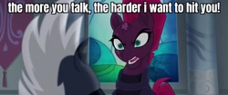 Size: 1920x804 | Tagged: safe, edit, edited screencap, screencap, grubber, tempest shadow, pony, unicorn, g4, my little pony: the movie, angry, armor, broken horn, caption, duo, eye scar, facial scar, faic, horn, image macro, scar, shadow the hedgehog, sonic the hedgehog (series), sonic the hedgehog 3 (film), stained glass, text