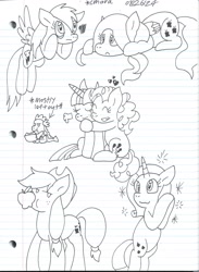 Size: 1545x2111 | Tagged: safe, artist:cmara, applejack, fluttershy, pinkie pie, rainbow dash, rarity, spike, twilight sparkle, dragon, earth pony, pegasus, unicorn, g4, doodle, female, horn, implied lesbian, implied rarijack, implied shipping, male, mane six