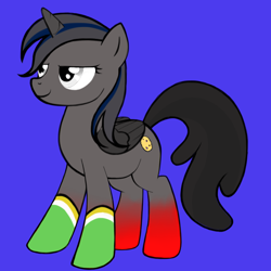 Size: 1024x1024 | Tagged: safe, editor:lyra heartstrings13, oc, oc only, unnamed oc, pegasus, pony, avatar maker: pony, blue background, clothes, colored horn, colored wings, dark background, female, folded wings, gradient legs, gray eyes, horn, mare, mismatched mane and tail, red and black oc, simple background, socks, solo, wings