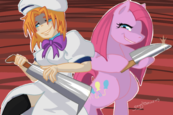 Size: 900x600 | Tagged: source needed, safe, artist:gogglesaurus, artist:phantos, pinkie pie, earth pony, human, pony, g4, bipedal, crossover, duo, female, females only, higurashi no naku koro ni, human and pony, human female, knife, mare, pinkamena diane pie, rena ryuugu, signature