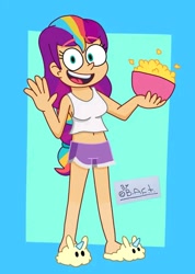 Size: 552x774 | Tagged: safe, artist:garybaldor, sunny starscout, human, equestria girls, g4, g5, bunny slippers, clothes, equestria girls-ified, female, food, g5 to equestria girls, g5 to g4, generation leap, pajamas, popcorn, shorts, signature, slippers, solo, tank top, waving