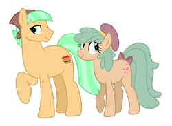 Size: 2381x1743 | Tagged: safe, artist:queertrixie, oc, oc only, oc:apple blossom, oc:buck brashley, earth pony, pony, bandana, beret, bow, duo, female, hat, magical lesbian spawn, male, mare, next generation, offspring, parent:applejack, parent:coco pommel, raised hoof, siblings, stallion, tail, tail bow