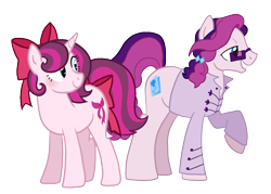 Size: 2478x1776 | Tagged: safe, artist:queertrixie, oc, oc only, oc:birthday card, oc:wrapping paper, earth pony, pony, unicorn, bow, clothes, duo, female, glasses, hair bow, horn, magical lesbian spawn, male, mare, next generation, offspring, parent:pinkie pie, parent:rarity, shirt, stallion, tail, tail bow