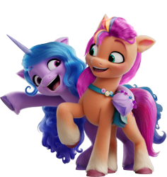 Size: 8303x8780 | Tagged: safe, izzy moonbow, sunny starscout, earth pony, pony, unicorn, g5, my little pony: make your mark, official, 3d, bracelet, duo, duo female, eye contact, female, g5 brand assets, horn, jewelry, looking at each other, looking at someone, mane stripe sunny, mare, open mouth, open smile, raised hoof, simple background, smiling, smiling at each other, transparent background, unshorn fetlocks