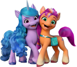 Size: 2879x2506 | Tagged: safe, izzy moonbow, sunny starscout, earth pony, pony, unicorn, g5, my little pony: make your mark, official, 3d, duo, duo female, female, g5 brand assets, horn, looking at you, mane stripe sunny, mare, open mouth, open smile, simple background, smiling, smiling at you, sunny's bag, transparent background, unshorn fetlocks