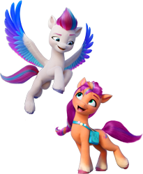 Size: 2505x3054 | Tagged: safe, sunny starscout, zipp storm, earth pony, pegasus, pony, g5, my little pony: make your mark, official, 3d, colored wings, duo, duo female, female, flying, g5 brand assets, looking at each other, looking at someone, looking up, mane stripe sunny, mare, multicolored wings, open mouth, open smile, raised leg, simple background, smiling, smiling at each other, spread wings, sunny's bag, transparent background, unshorn fetlocks, wings