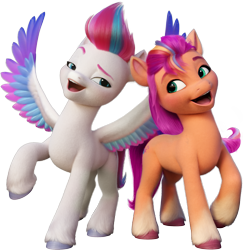 Size: 2409x2467 | Tagged: safe, sunny starscout, zipp storm, earth pony, pegasus, pony, g5, my little pony: make your mark, official, 3d, colored wings, duo, duo female, female, g5 brand assets, looking at each other, looking at someone, mane stripe sunny, mare, multicolored wings, open mouth, open smile, raised hoof, simple background, smiling, smiling at each other, spread wings, transparent background, unshorn fetlocks, wings