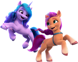 Size: 3482x2770 | Tagged: safe, izzy moonbow, sunny starscout, earth pony, pony, unicorn, g5, my little pony: make your mark, official, 3d, coat markings, concave belly, duo, duo female, female, g5 brand assets, horn, looking at each other, looking at someone, mane stripe sunny, mare, open mouth, open smile, physique difference, rearing, simple background, slender, smiling, smiling at each other, socks (coat markings), sunny's bag, thin, transparent background, unshorn fetlocks