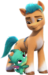 Size: 3391x5235 | Tagged: safe, hitch trailblazer, sparky sparkeroni, dragon, earth pony, pony, g5, my little pony: make your mark, official, 3d, baby, baby dragon, duo, duo male, g5 brand assets, male, simple background, smiling, stallion, transparent background, unshorn fetlocks