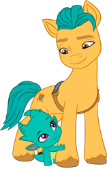 Size: 2391x3807 | Tagged: safe, hitch trailblazer, sparky sparkeroni, dragon, earth pony, pony, g5, my little pony: make your mark, official, .ai available, .svg available, baby, baby dragon, colored, duo, duo male, flat colors, g5 brand assets, male, simple background, smiling, stallion, svg, transparent background, unshorn fetlocks, vector