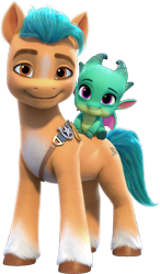 Size: 3121x5335 | Tagged: safe, hitch trailblazer, sparky sparkeroni, dragon, earth pony, pony, g5, my little pony: make your mark, official, 3d, baby, baby dragon, duo, duo male, g5 brand assets, looking at you, male, simple background, smiling, smiling at you, stallion, transparent background, unshorn fetlocks