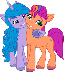 Size: 3125x3522 | Tagged: safe, izzy moonbow, sunny starscout, earth pony, pony, unicorn, g5, my little pony: make your mark, official, .ai available, .svg available, bracelet, colored, concave belly, duo, duo female, female, flat colors, g5 brand assets, horn, hug, jewelry, mane stripe sunny, mare, simple background, slender, smiling, svg, thin, transparent background, underhoof, unshorn fetlocks, vector