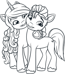 Size: 3126x3524 | Tagged: safe, izzy moonbow, sunny starscout, earth pony, pony, unicorn, g5, my little pony: make your mark, official, .ai available, .svg available, bracelet, duo, duo female, female, g5 brand assets, horn, hug, jewelry, lineart, mane stripe sunny, mare, simple background, smiling, svg, transparent background, underhoof, unshorn fetlocks, vector