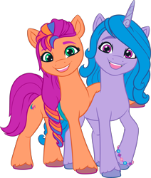 Size: 3117x3674 | Tagged: safe, izzy moonbow, sunny starscout, earth pony, pony, unicorn, g5, my little pony: make your mark, official, .ai available, .svg available, bracelet, colored, concave belly, duo, duo female, female, flat colors, g5 brand assets, horn, jewelry, looking at you, mane stripe sunny, mare, open mouth, open smile, physique difference, simple background, slender, smiling, smiling at you, svg, thin, transparent background, unshorn fetlocks, vector