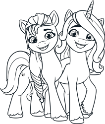 Size: 3118x3675 | Tagged: safe, izzy moonbow, sunny starscout, earth pony, unicorn, g5, my little pony: make your mark, official, .ai available, .svg available, bracelet, duo, duo female, female, g5 brand assets, horn, jewelry, lineart, looking at you, mane stripe sunny, mare, open mouth, open smile, simple background, smiling, smiling at you, svg, transparent background, unshorn fetlocks, vector