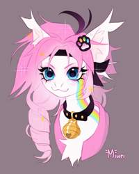 Size: 2800x3500 | Tagged: oc name needed, safe, artist:miurimau, oc, oc only, ambiguous species, pony, >:3, bell, bell collar, blue eyes, bust, chest fluff, collar, ear fluff, ear tufts, femboy, feminine stallion, gift art, gradient mane, gray background, headband, male, portrait, simple background, solo, sparkles, sparkly mane, stallion