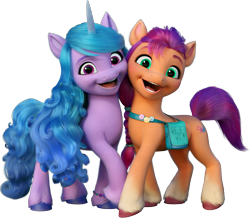 Size: 2879x2506 | Tagged: safe, izzy moonbow, sunny starscout, earth pony, pony, unicorn, g5, my little pony: a new generation, official, 3d, duo, duo female, female, g5 brand assets, horn, looking at you, mare, open mouth, open smile, simple background, smiling, smiling at you, sunny's bag, transparent background, unshorn fetlocks