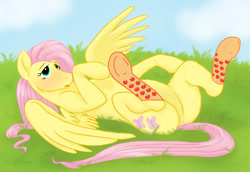 Size: 1200x824 | Tagged: source needed, safe, artist:cartoonlion, fluttershy, pegasus, pony, g4, blushing, butt, clothes, featureless crotch, female, grass, grass field, lying down, mare, on back, outdoors, plot, socks, solo, underhoof