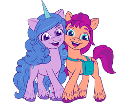 Size: 3453x2913 | Tagged: safe, izzy moonbow, sunny starscout, earth pony, pony, unicorn, g5, my little pony: a new generation, official, .ai available, .svg available, duo, duo female, female, g5 brand assets, horn, looking at you, mare, open mouth, open smile, simple background, smiling, smiling at you, sparkles, sparkly eyes, sunny's bag, svg, transparent background, unshorn fetlocks, vector, wingding eyes