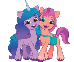 Size: 3453x2913 | Tagged: safe, izzy moonbow, sunny starscout, earth pony, pony, unicorn, g5, my little pony: a new generation, official, .ai available, .svg available, duo, duo female, female, g5 brand assets, horn, looking at you, mare, open mouth, open smile, simple background, smiling, smiling at you, sparkles, sparkly eyes, sunny's bag, svg, transparent background, unshorn fetlocks, vector, wingding eyes