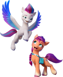 Size: 2505x3054 | Tagged: safe, sunny starscout, zipp storm, earth pony, pegasus, pony, g5, my little pony: a new generation, official, 3d, belly, colored wings, concave belly, duo, duo female, female, flying, g5 brand assets, looking at each other, looking at someone, looking up, mare, multicolored wings, open mouth, open smile, raised leg, simple background, slender, smiling, smiling at each other, spread wings, sunny's bag, thin, transparent background, unshorn fetlocks, wings