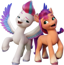 Size: 2409x2467 | Tagged: safe, sunny starscout, zipp storm, earth pony, pegasus, pony, g5, my little pony: a new generation, official, 3d, colored wings, duo, duo female, female, g5 brand assets, looking at each other, looking at someone, mare, multicolored wings, open mouth, open smile, raised hoof, simple background, smiling, smiling at each other, spread wings, transparent background, unshorn fetlocks, wings